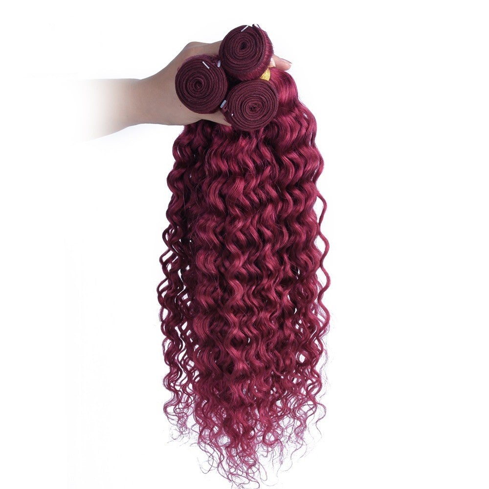 Burg 10A Grade Water Wave hair bundles in Burgundy color with lace closures and frontals, showcasing a luxurious and elegant texture.