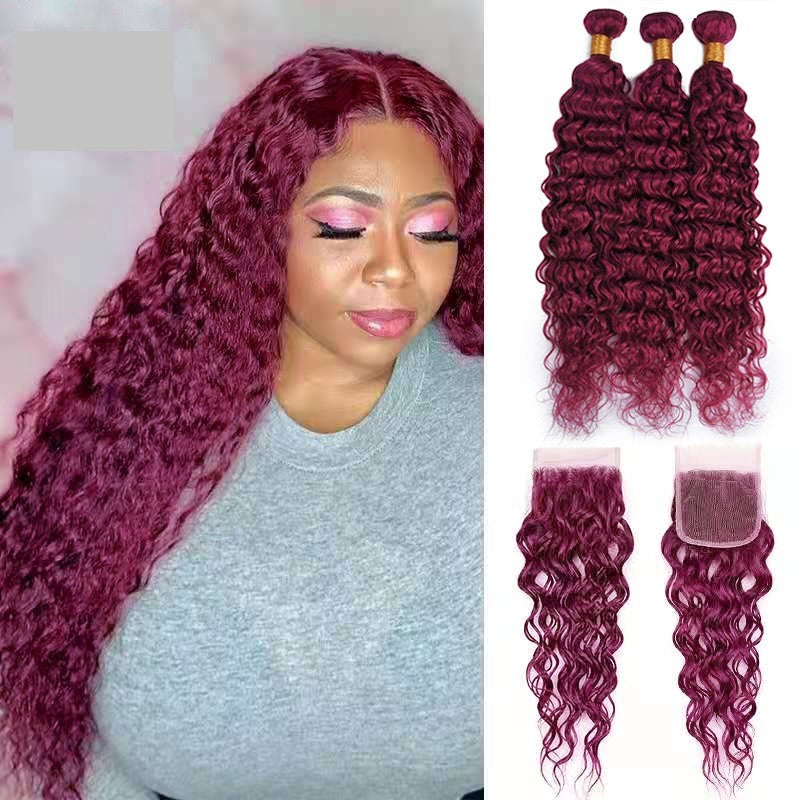 Burg 10A Grade Water Wave hair bundles in Burgundy color with lace closures and frontals, showcasing a luxurious and elegant texture.