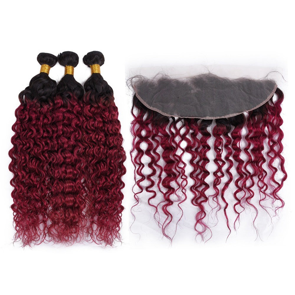 Burg 10A Grade Water Wave hair bundles in Burgundy color with lace closures and frontals, showcasing a luxurious and elegant texture.