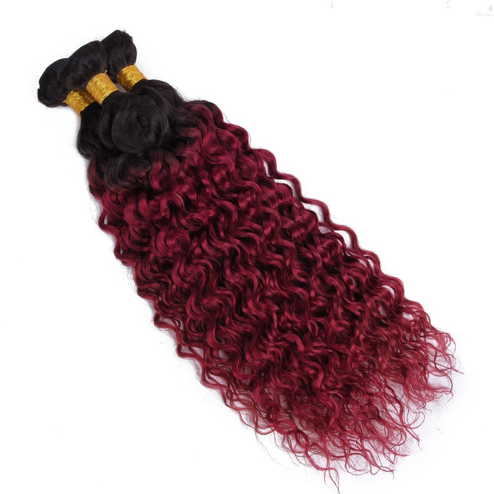 Burg 10A Grade Water Wave hair bundles in Burgundy color with lace closures and frontals, showcasing a luxurious and elegant texture.