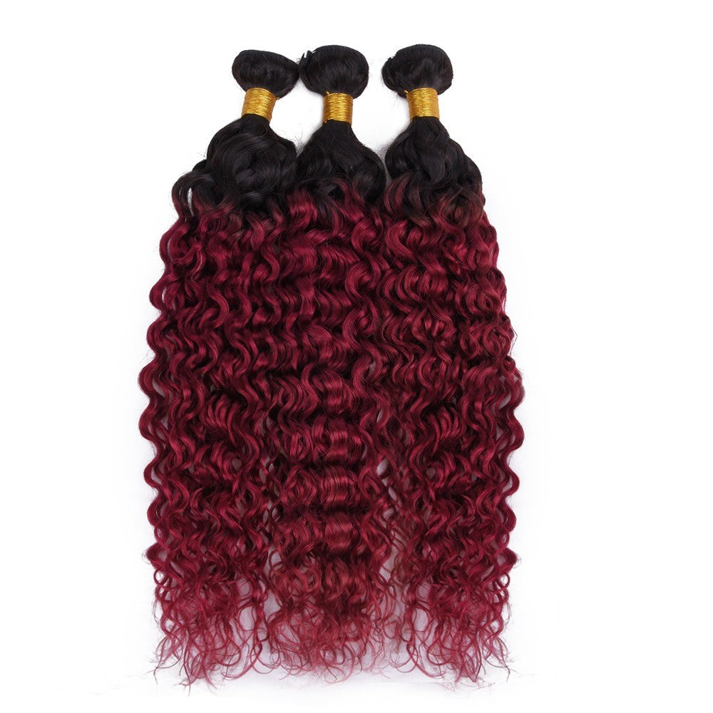 Burg 10A Grade Water Wave hair bundles in Burgundy color with lace closures and frontals, showcasing a luxurious and elegant texture.