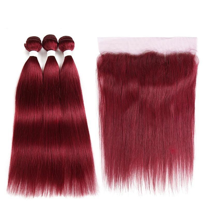 Burgundy 10A Grade 3/4 Straight hair bundles with closures, showcasing rich color and texture.