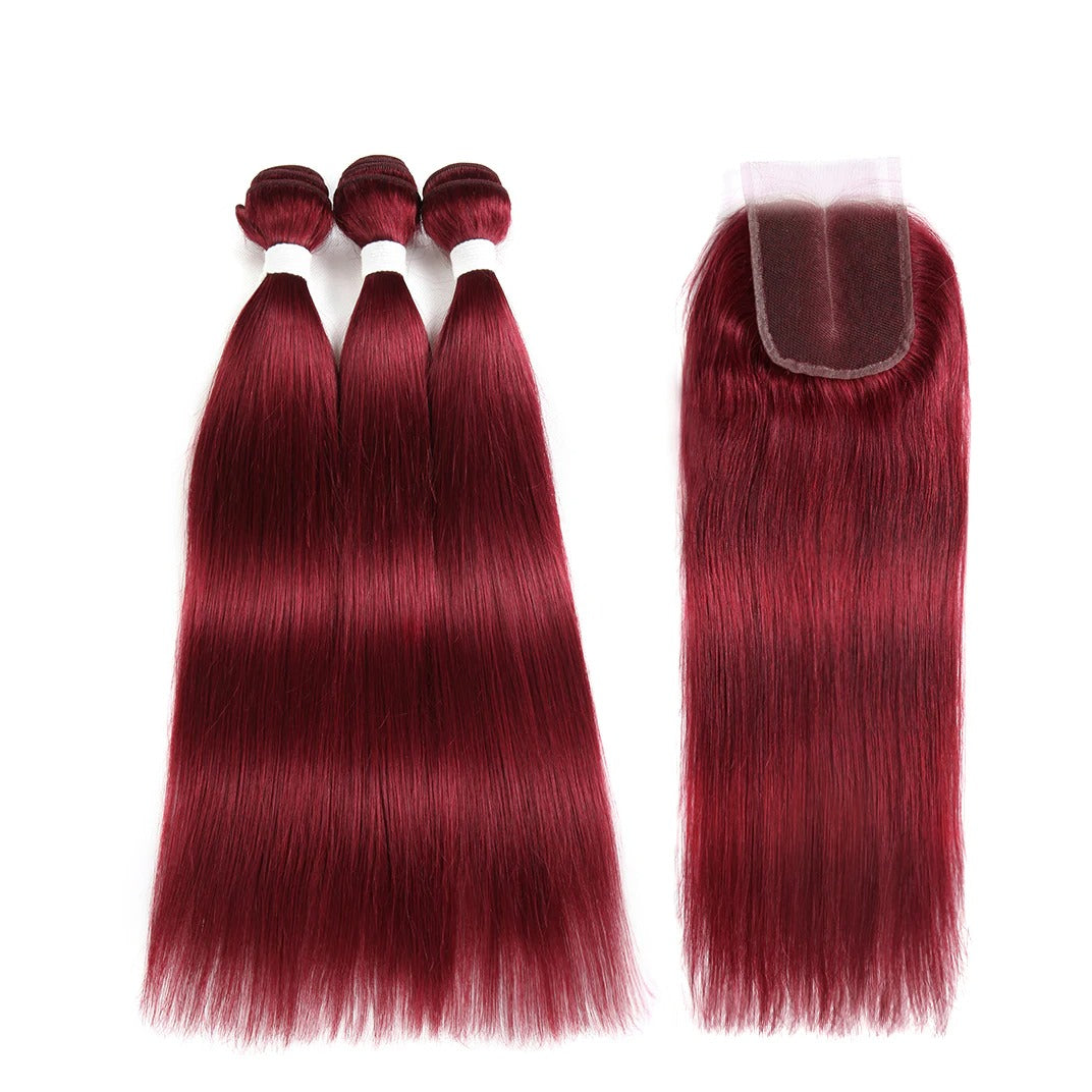 Burgundy 10A Grade 3/4 Straight hair bundles with closures, showcasing rich color and texture.