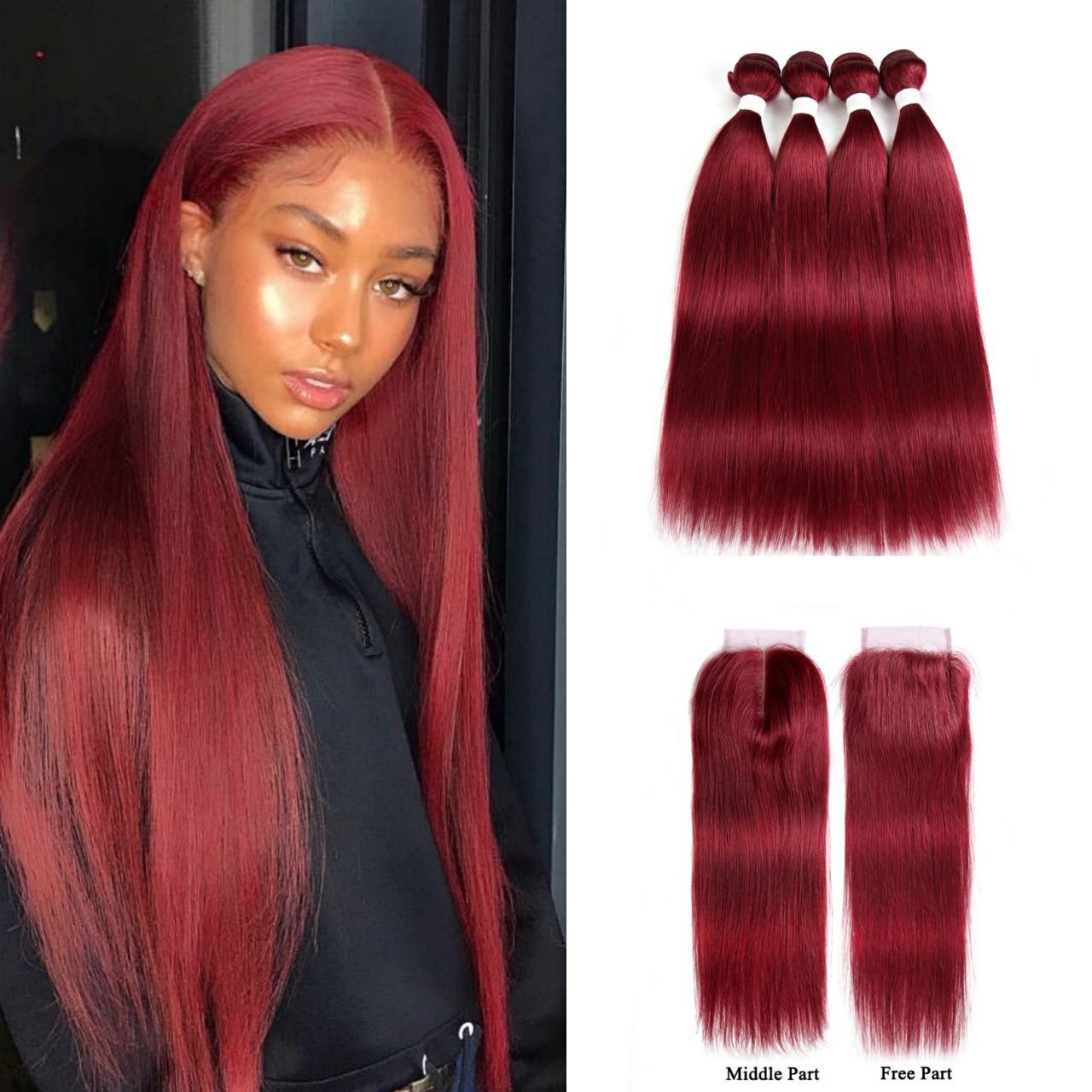 Burgundy 10A Grade 3/4 Straight hair bundles with closures, showcasing rich color and texture.