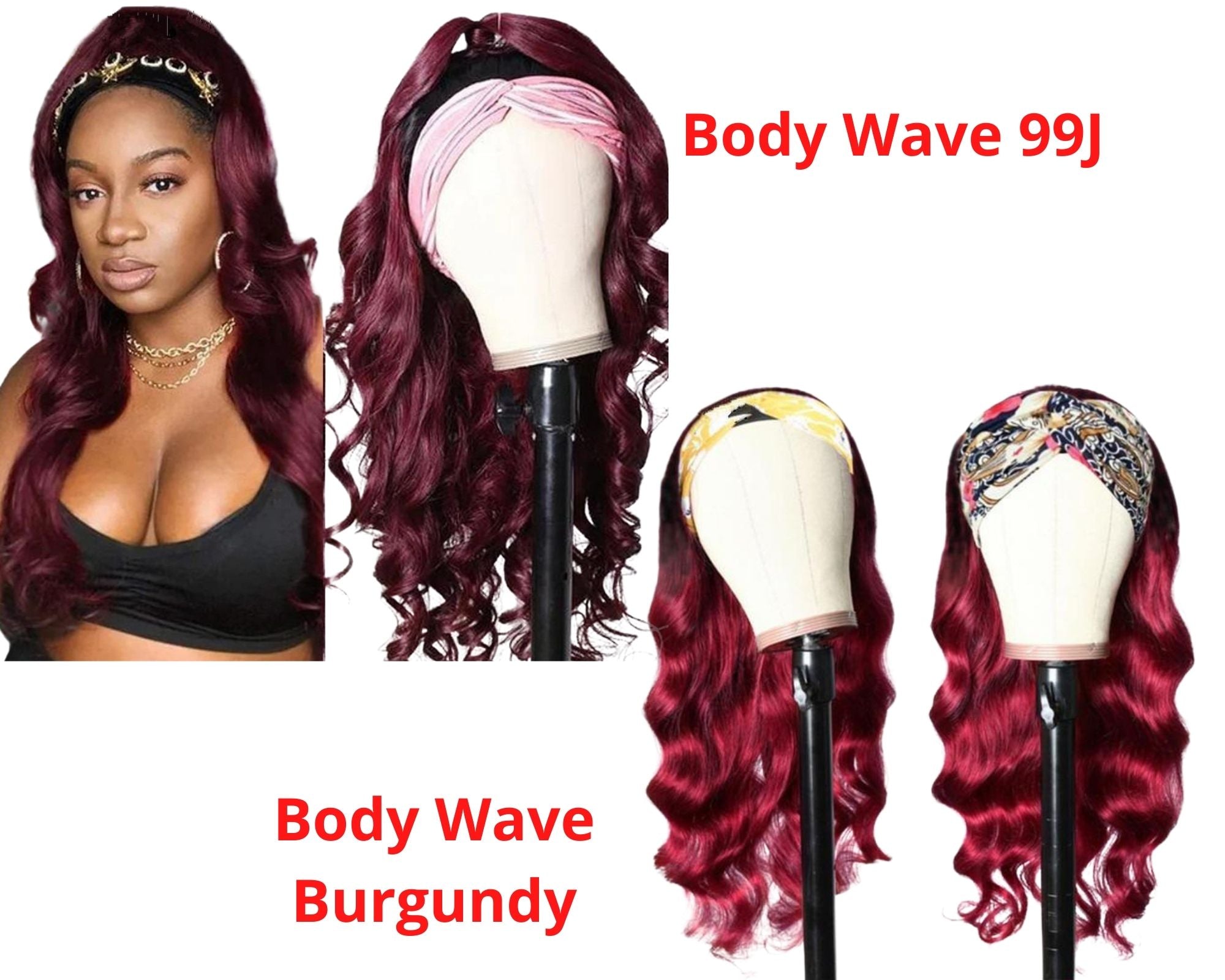 Burgundy Headband Body Wave Human Hair Wig #99J displayed on a mannequin, showcasing its rich color and elegant waves.