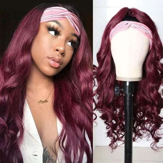 Burgundy Headband Body Wave Human Hair Wig #99J displayed on a mannequin, showcasing its rich color and elegant waves.