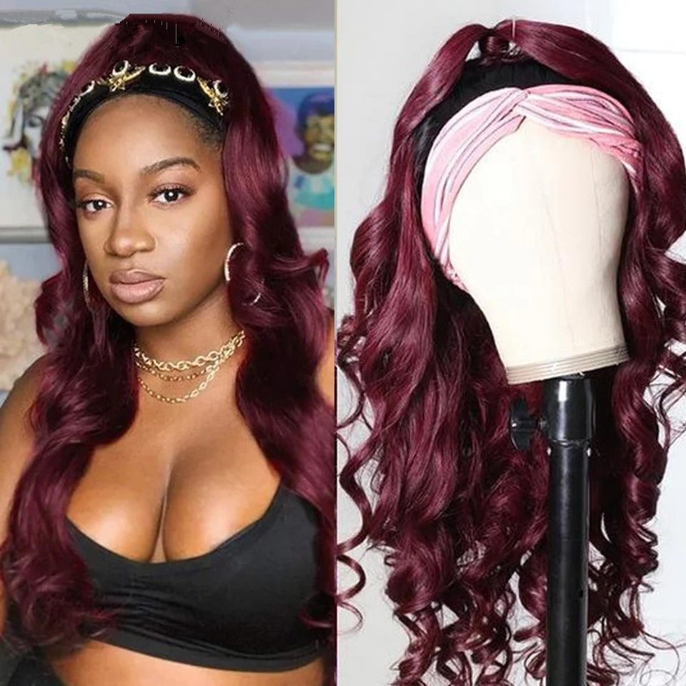 Burgundy Headband Body Wave Human Hair Wig #99J displayed on a mannequin, showcasing its rich color and elegant waves.