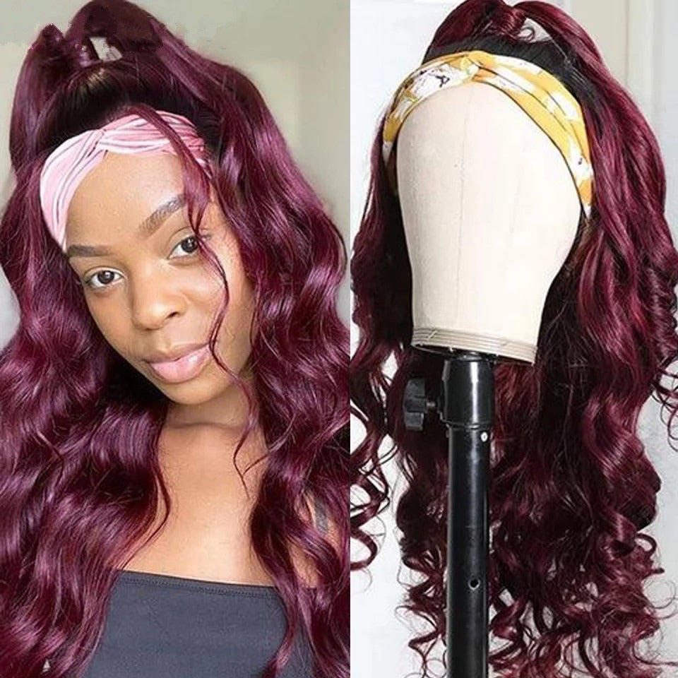 Burgundy Headband Body Wave Human Hair Wig #99J displayed on a mannequin, showcasing its rich color and elegant waves.