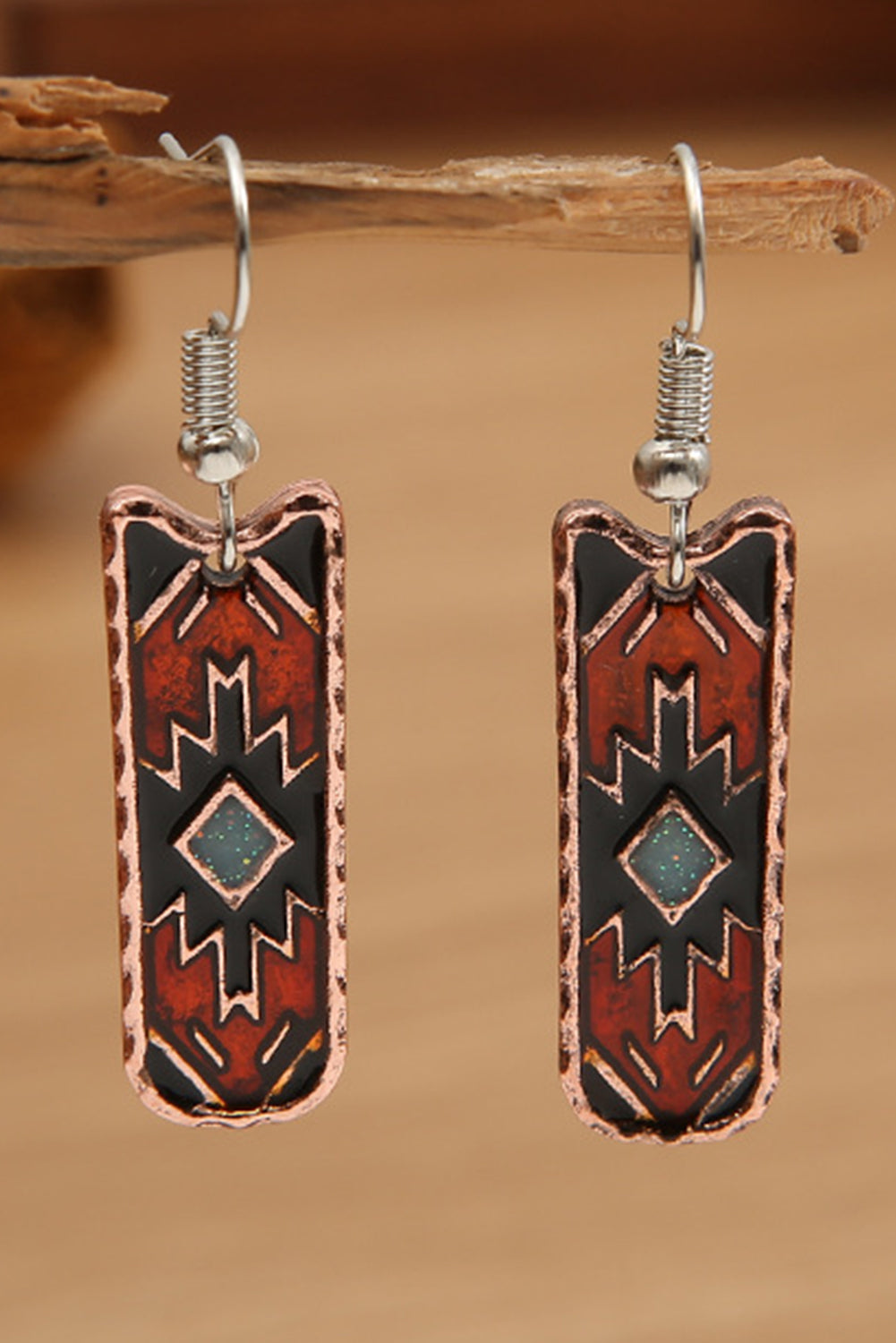 Burgundy Western Aztec Pattern Alloy Dangle Earrings showcasing intricate design and vibrant color.