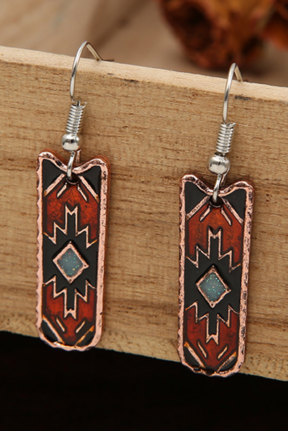 Burgundy Western Aztec Pattern Alloy Dangle Earrings showcasing intricate design and vibrant color.