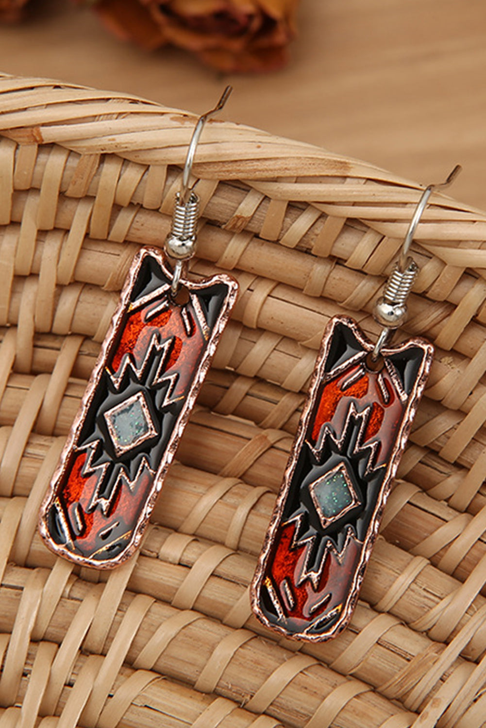 Burgundy Western Aztec Pattern Alloy Dangle Earrings showcasing intricate design and vibrant color.