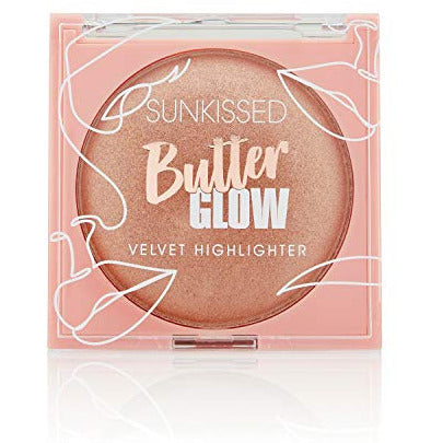 Butter Glow Velvet Highlighter in a sleek compact, showcasing its creamy texture and sunkissed shade.