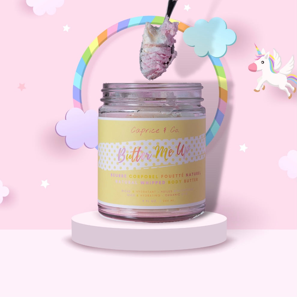 Butter Me Up Fruit Loops body butter in a jar, showcasing its creamy texture and vibrant packaging, perfect for moisturizing skin.