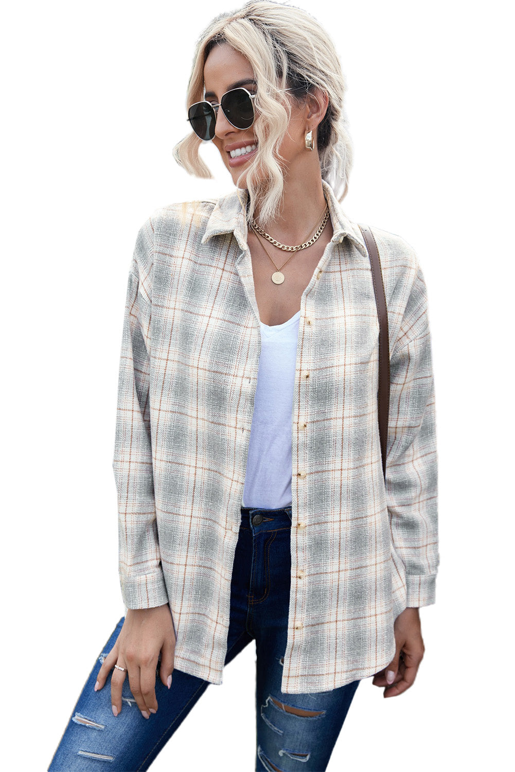 A stylish Buttoned Turn Down Collar Plaid Shirt featuring a slim fit design, classic plaid pattern, and button closure, suitable for ladies and young girls.