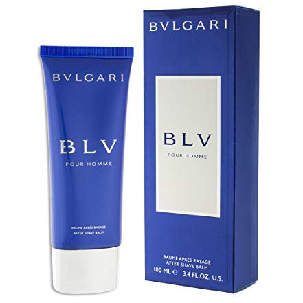 Bvlgari BLV Pour Homme Aftershave Balm in a sleek blue tube, showcasing its luxurious design and branding.