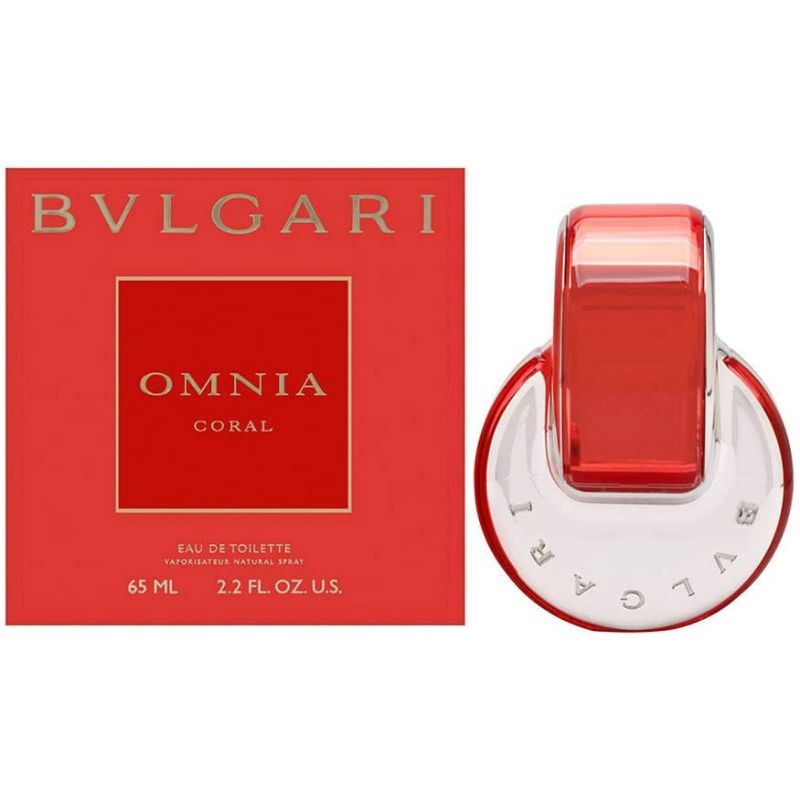 Bvlgari Omnia Coral Eau de Toilette in an elegant coral bottle, showcasing its vibrant and fruity essence.