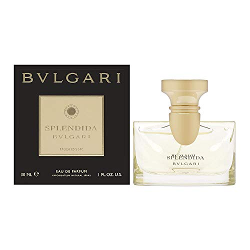 Bvlgari Splendida Iris D'Or Eau de Parfum in an elegant glass bottle with a golden hue, showcasing its luxurious design.