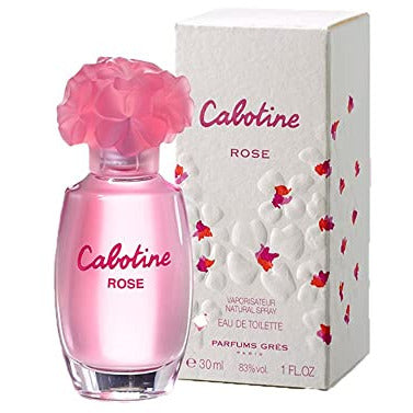 Cabotine Rose Eau De Toilette by Gres Parfums in an elegant bottle with floral design.