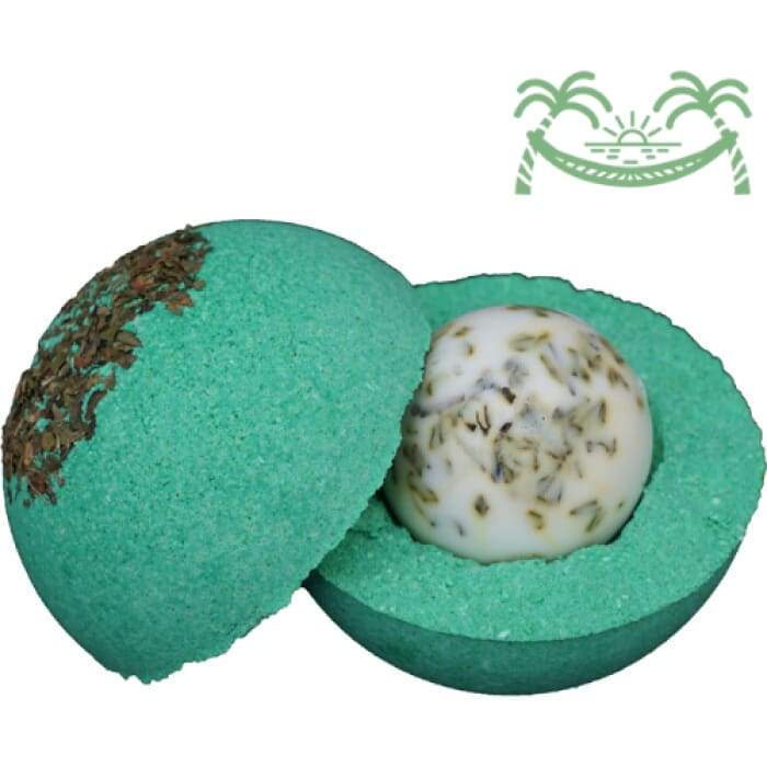 Calm Just Chill - Bomb Core bath product featuring a vibrant design with essential oils and goat milk soap.