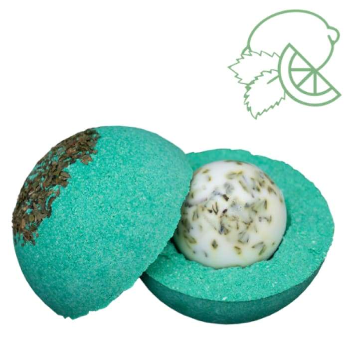 Calm Mojito Bomb Core bath product with goat milk soap and essential oils, featuring lime and peppermint scents.