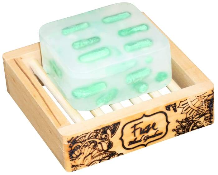 Calm 'Mojito' Burst Bar with wooden soap dish, featuring vibrant colors and organic peppermint leaves.