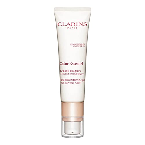 Calm-Essentiel Redness Corrective Gel by Clarins in a sleek tube, designed for soothing redness in sensitive skin.