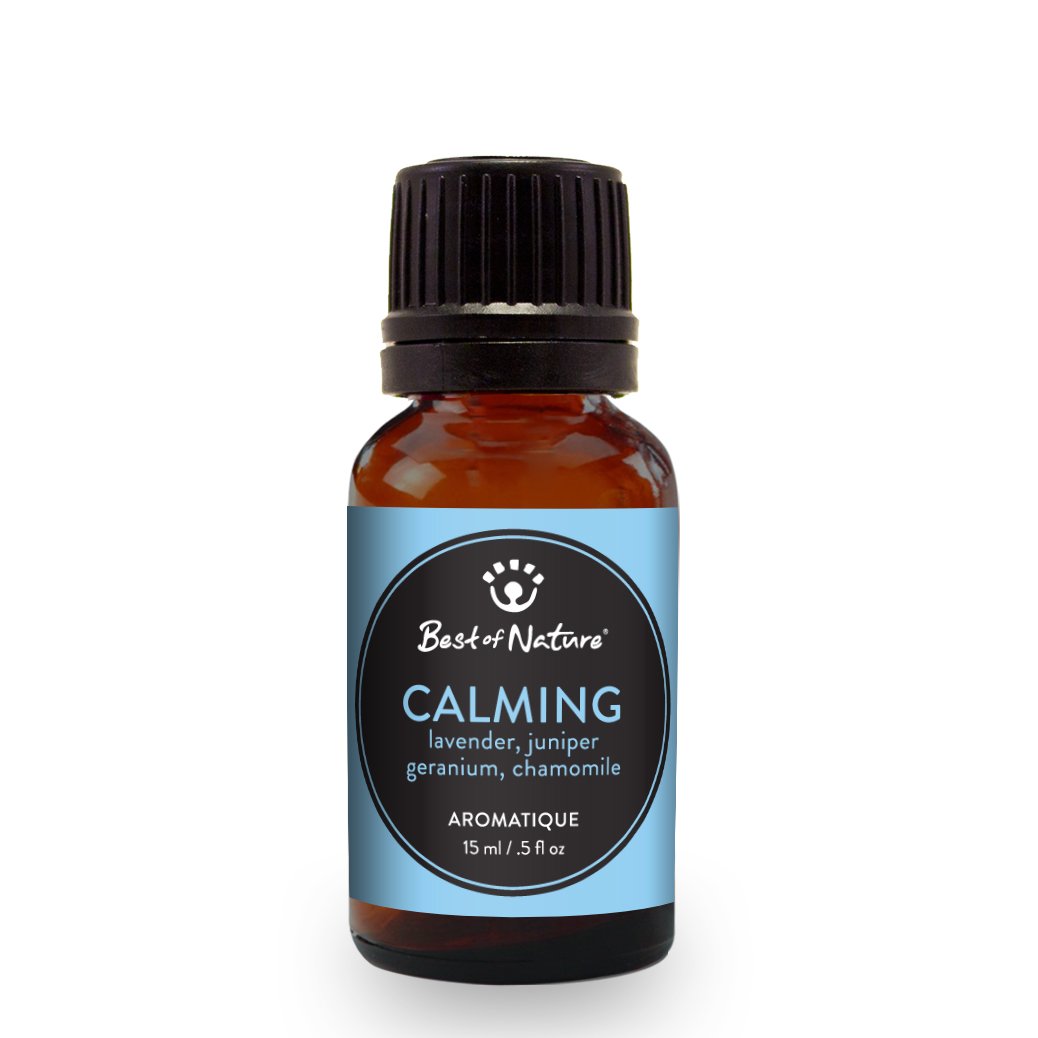 Calming Aromatique essential oil blend featuring Lavender, Juniper, Geranium, and Chamomile in a stylish bottle.