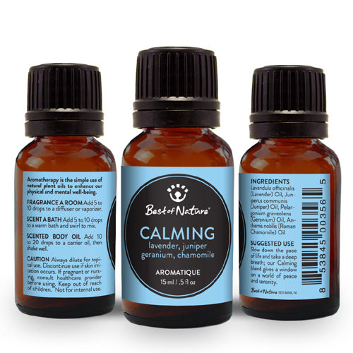 Calming Aromatique essential oil blend featuring Lavender, Juniper, Geranium, and Chamomile in a stylish bottle.