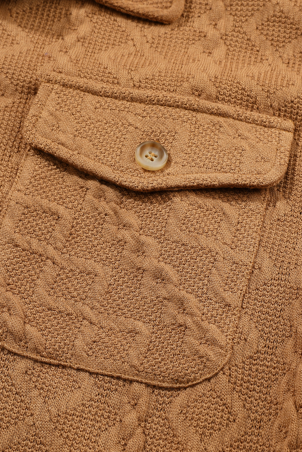 Camel Cable Knit Flap Pocket Shacket featuring a cozy cable knit design and flap pockets, perfect for layering in colder seasons.