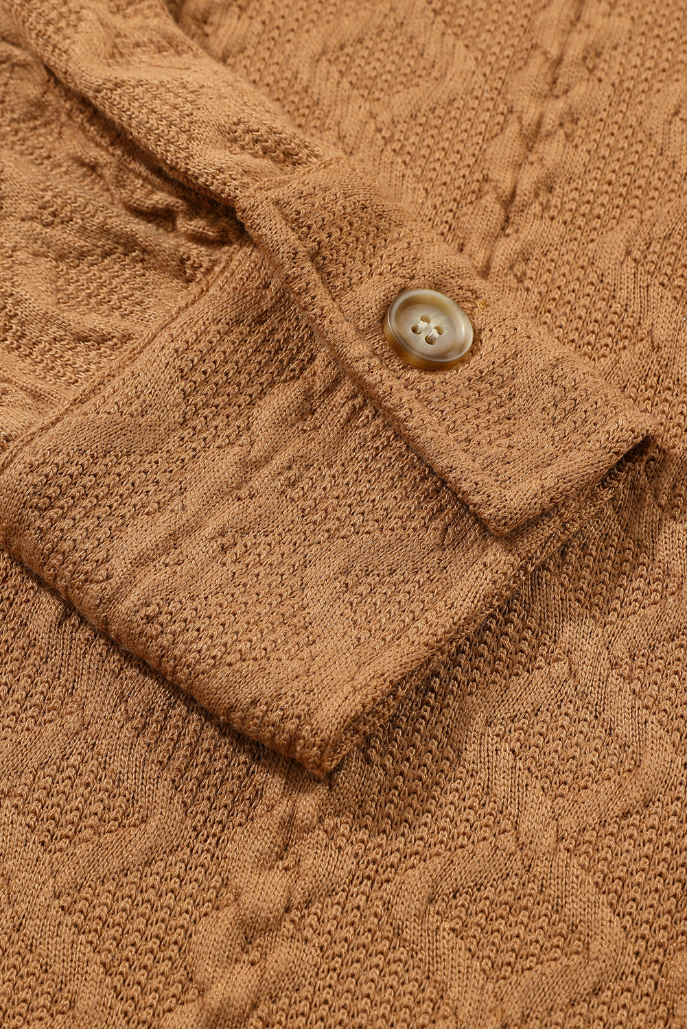 Camel Cable Knit Flap Pocket Shacket featuring a cozy cable knit design and flap pockets, perfect for layering in colder seasons.