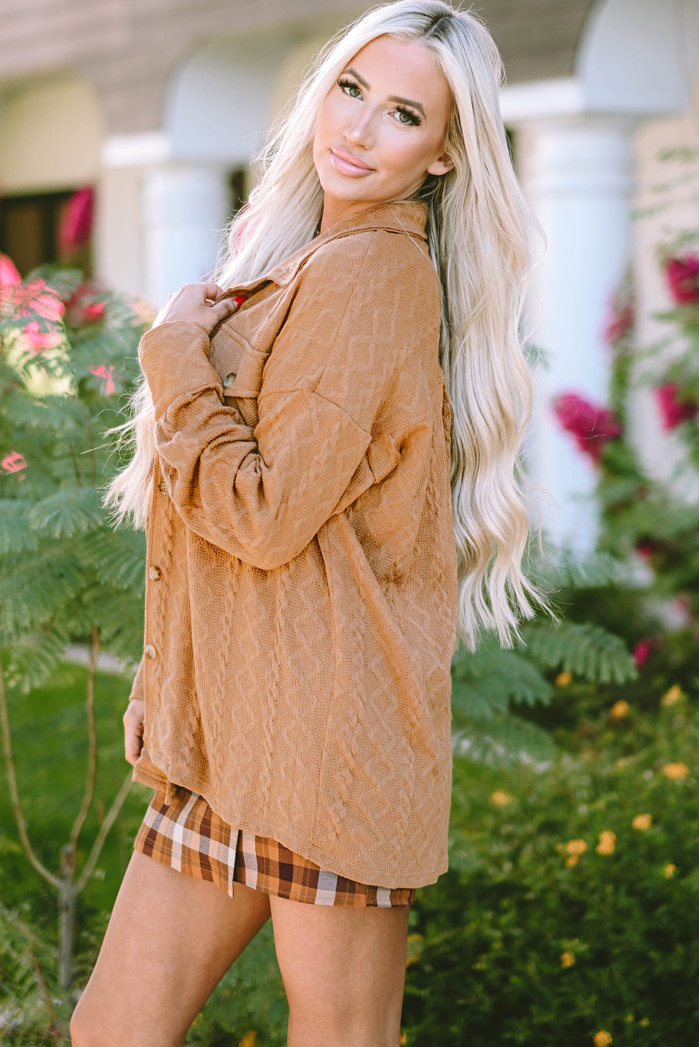 Camel Cable Knit Flap Pocket Shacket featuring a cozy cable knit design and flap pockets, perfect for layering in colder seasons.