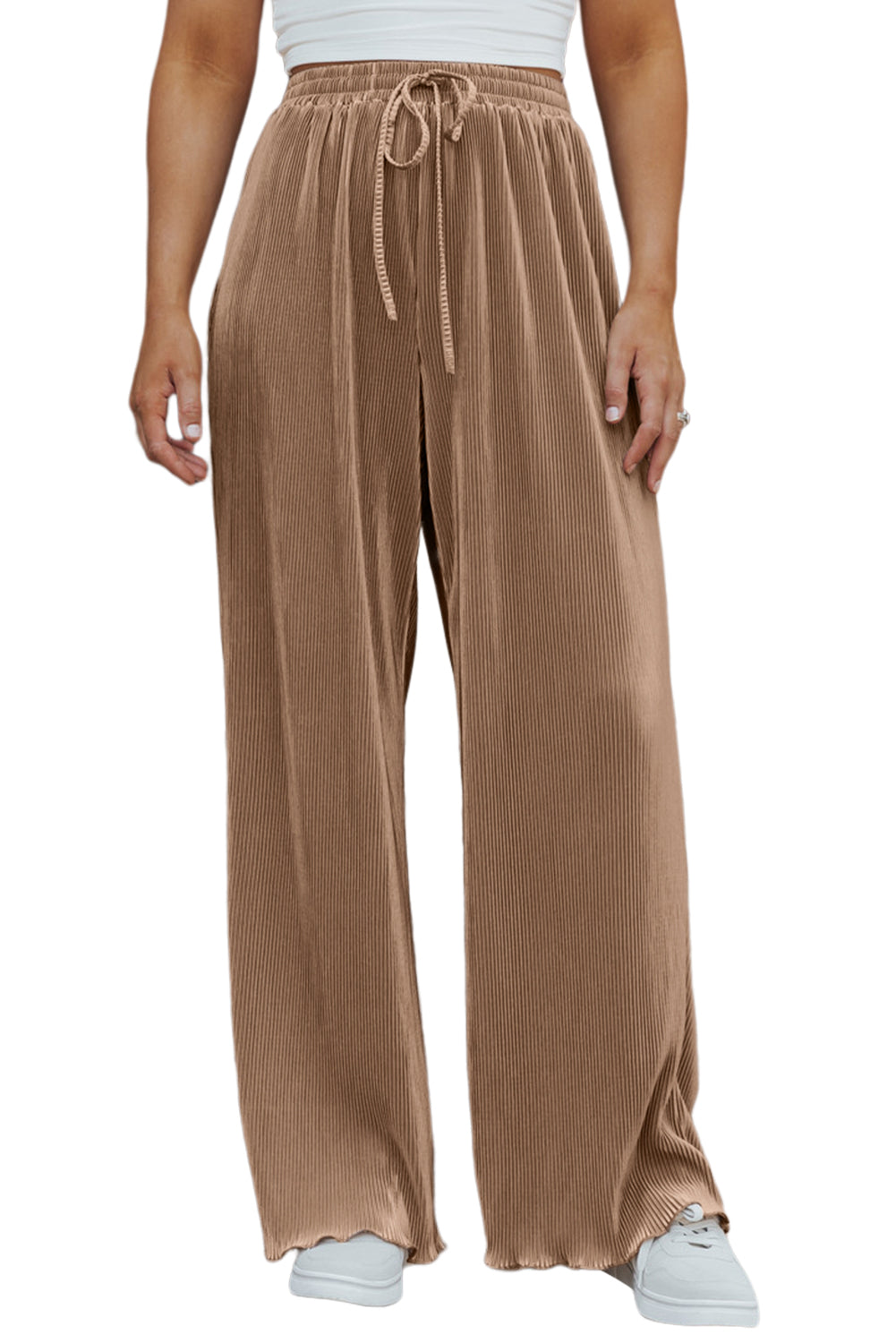 Camel Drawstring High Waist Pleated Wide Leg Pants displayed on a mannequin, showcasing the chic satin fabric and stylish pleated design.