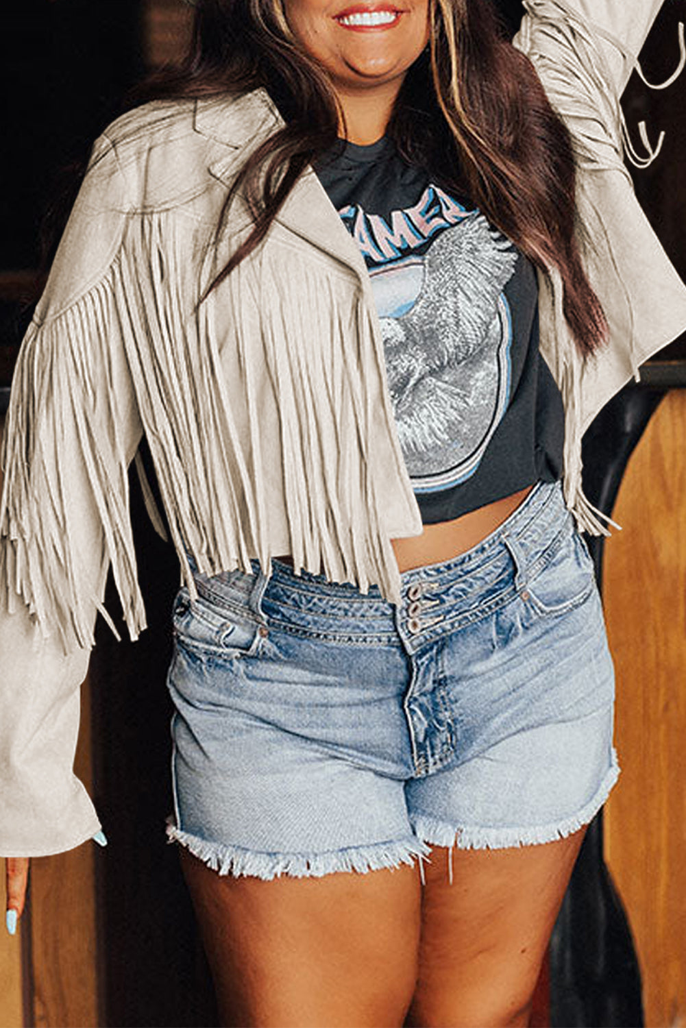 Camel Fringe Plus Size Cropped Jacket featuring faux suede material and stylish fringe detailing, designed for curvy women.