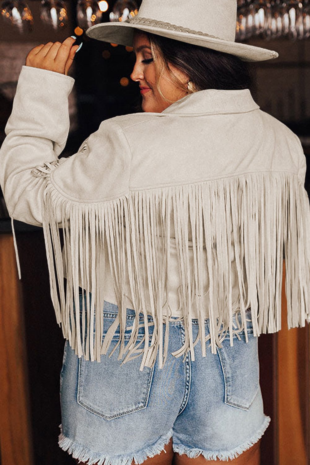 Camel Fringe Plus Size Cropped Jacket featuring faux suede material and stylish fringe detailing, designed for curvy women.