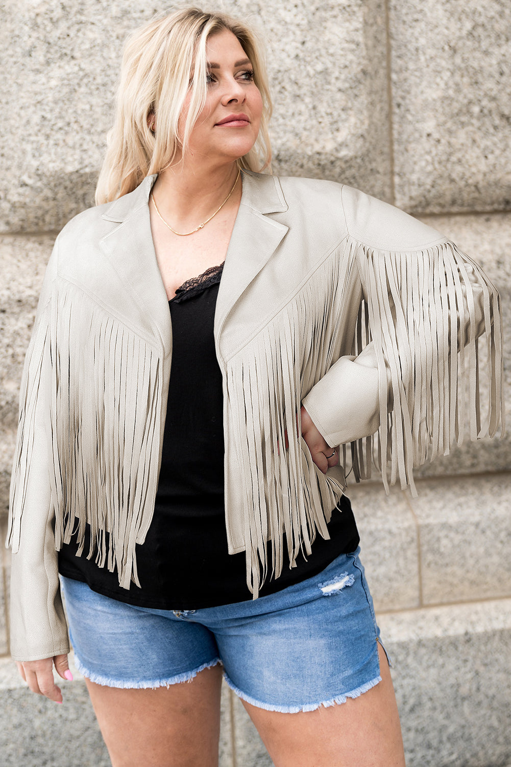 Camel Fringe Plus Size Cropped Jacket featuring faux suede material and stylish fringe detailing, designed for curvy women.