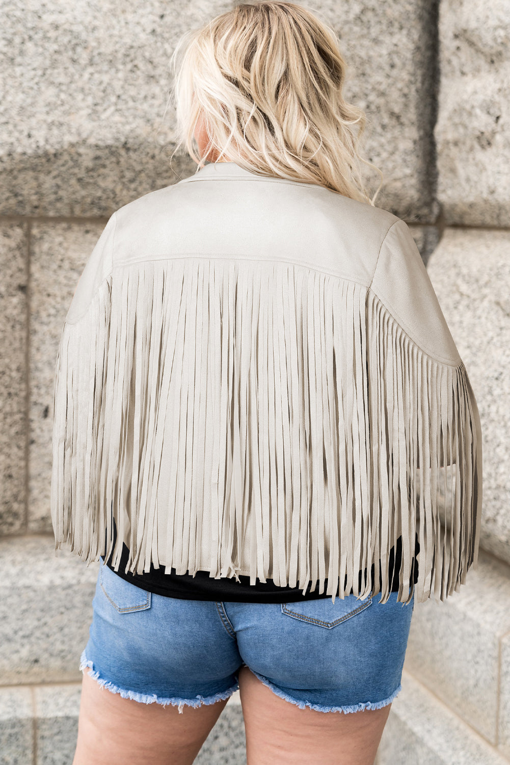 Camel Fringe Plus Size Cropped Jacket featuring faux suede material and stylish fringe detailing, designed for curvy women.