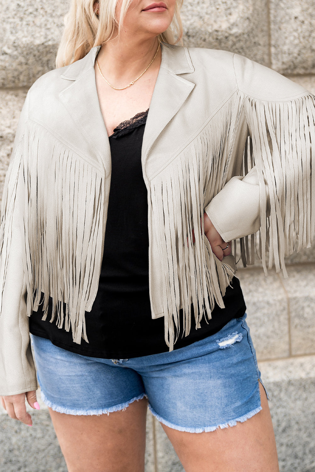 Camel Fringe Plus Size Cropped Jacket featuring faux suede material and stylish fringe detailing, designed for curvy women.