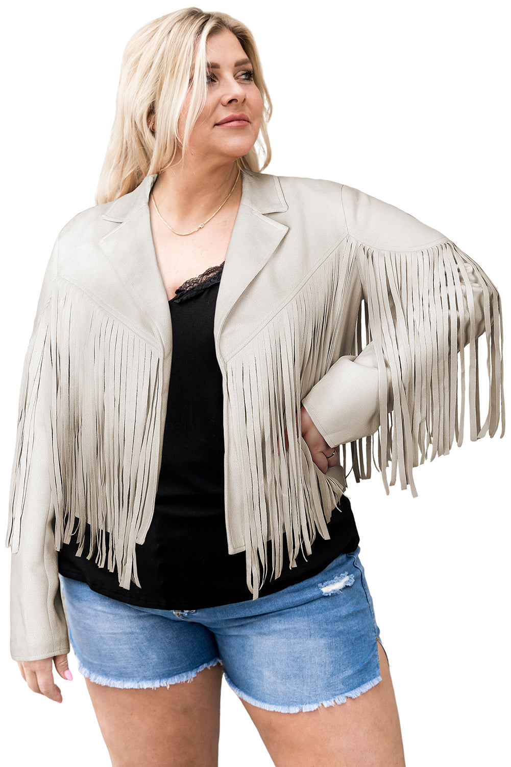 Camel Fringe Plus Size Cropped Jacket featuring faux suede material and stylish fringe detailing, designed for curvy women.