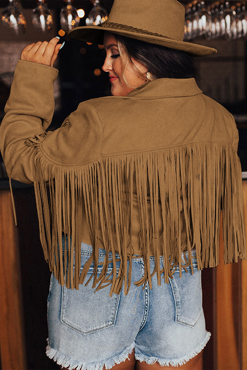 Camel Fringe Plus Size Cropped Jacket featuring faux suede material and stylish fringe detailing, designed for curvy women.