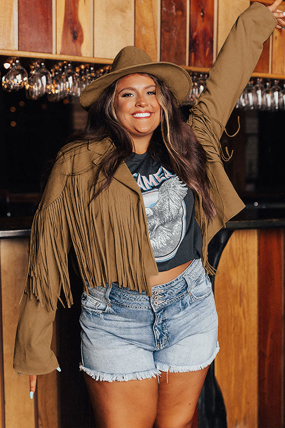 Camel Fringe Plus Size Cropped Jacket featuring faux suede material and stylish fringe detailing, designed for curvy women.