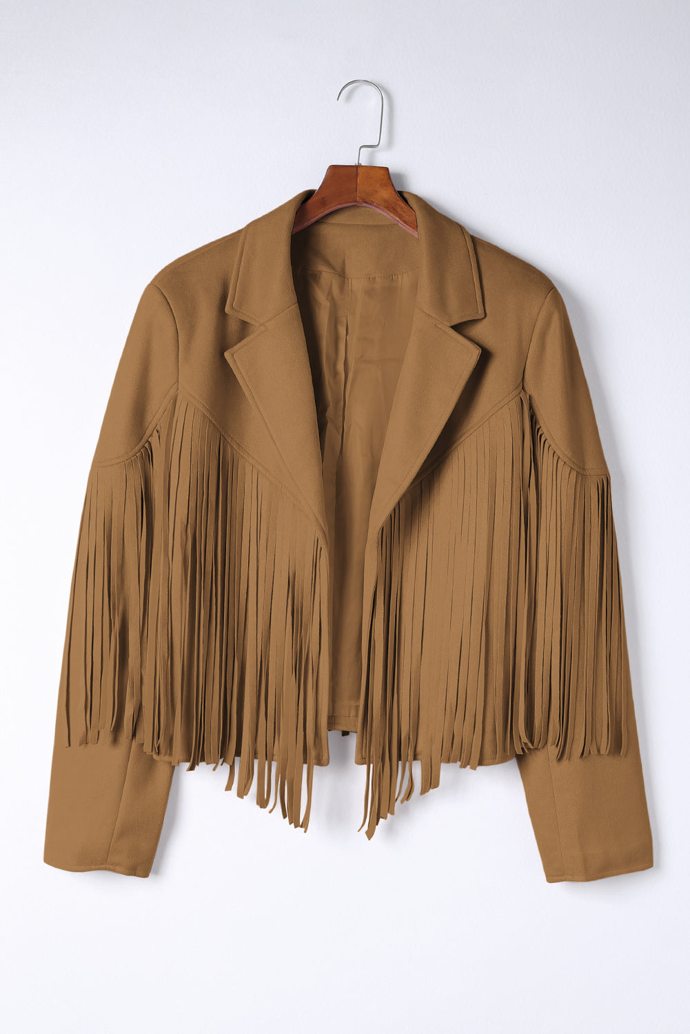 Camel Fringe Plus Size Cropped Jacket featuring faux suede material and stylish fringe detailing, designed for curvy women.