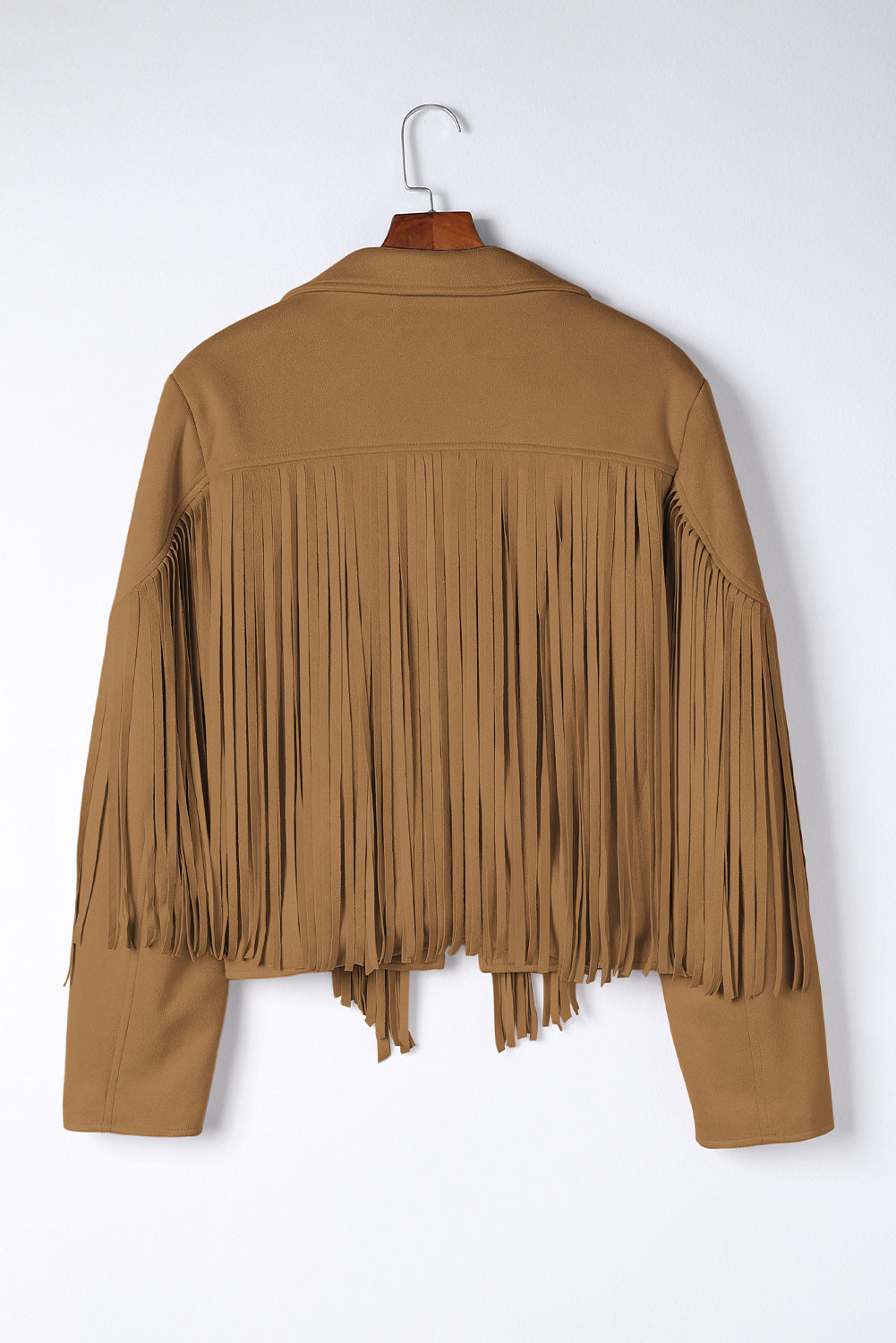 Camel Fringe Plus Size Cropped Jacket featuring faux suede material and stylish fringe detailing, designed for curvy women.