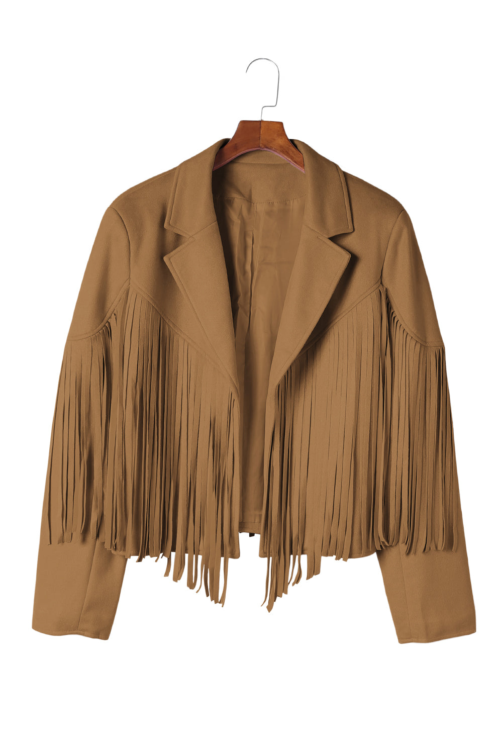 Camel Fringe Plus Size Cropped Jacket featuring faux suede material and stylish fringe detailing, designed for curvy women.