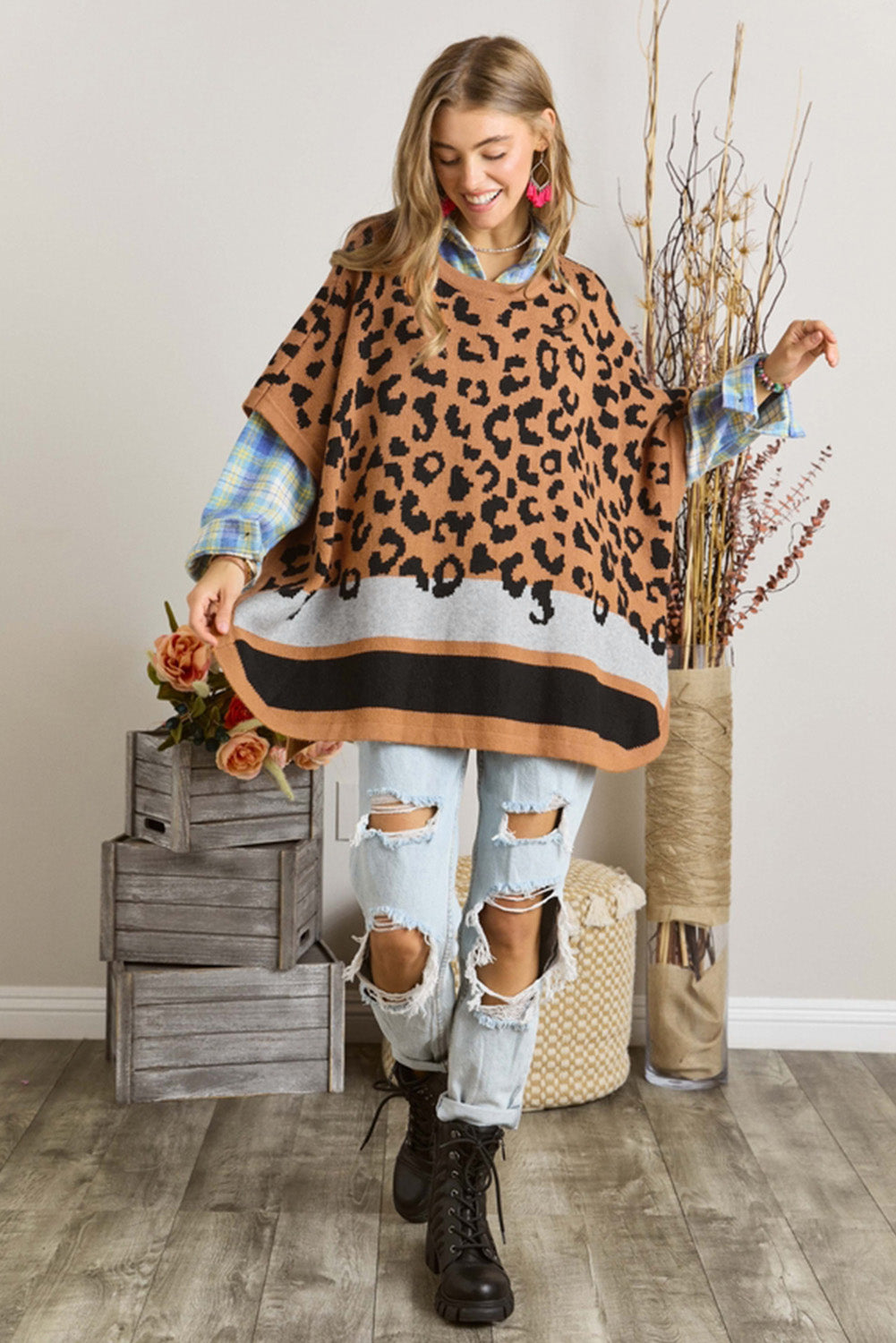 Camel leopard print poncho sweater with oversized fit and kimono sleeves, perfect for stylish cold weather outfits.