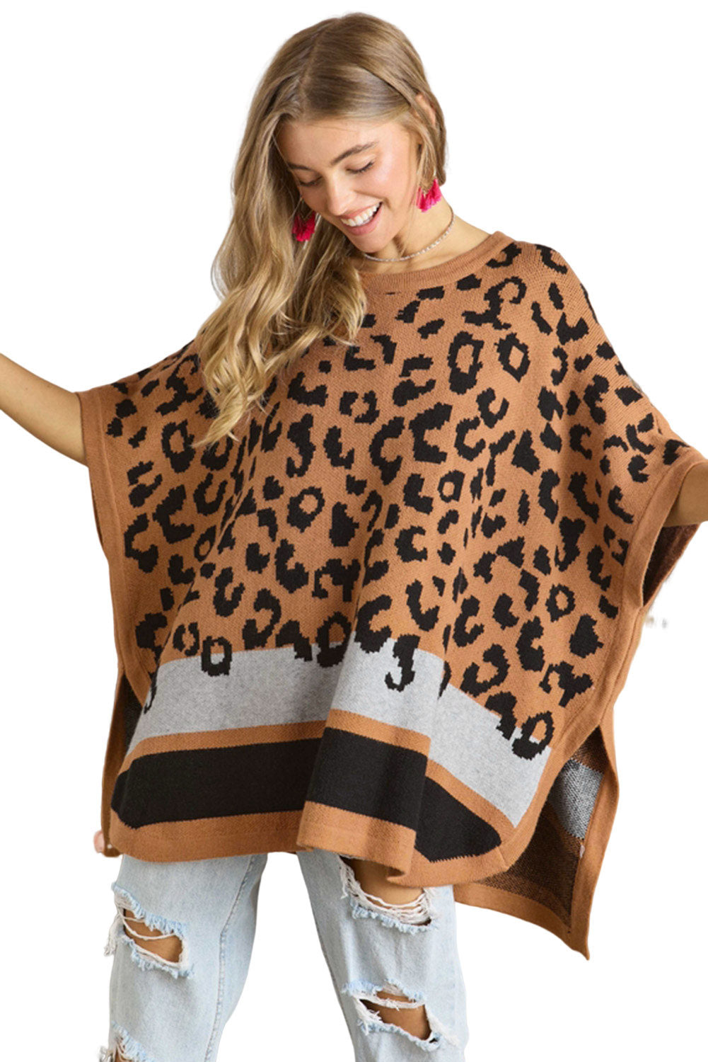 Camel leopard print poncho sweater with oversized fit and kimono sleeves, perfect for stylish cold weather outfits.