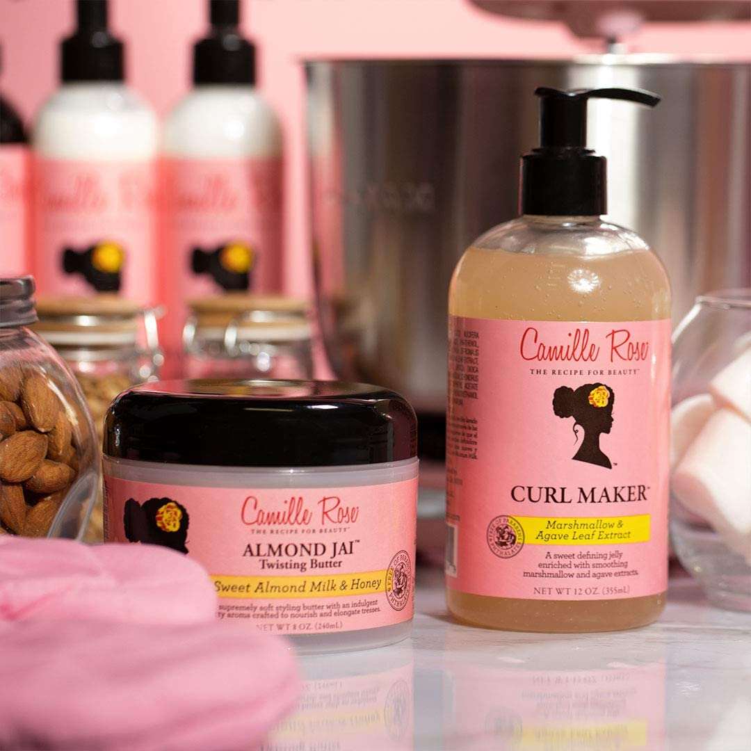 CAMILLE ROSE Curl Maker 12 OZ, a sweet defining jelly for curls with marshmallow and agave extracts, displayed in a clear jar.