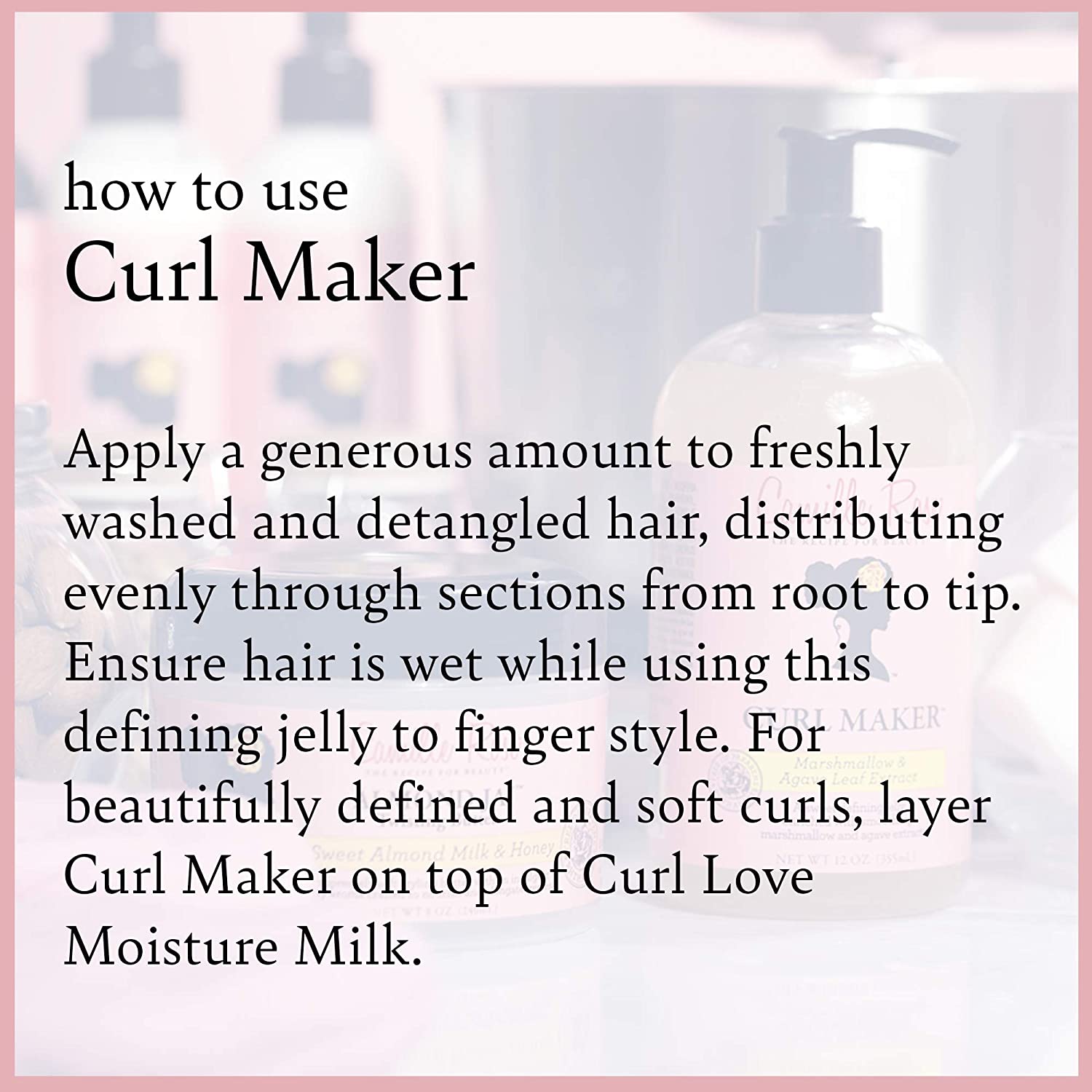 CAMILLE ROSE Curl Maker 12 OZ, a sweet defining jelly for curls with marshmallow and agave extracts, displayed in a clear jar.