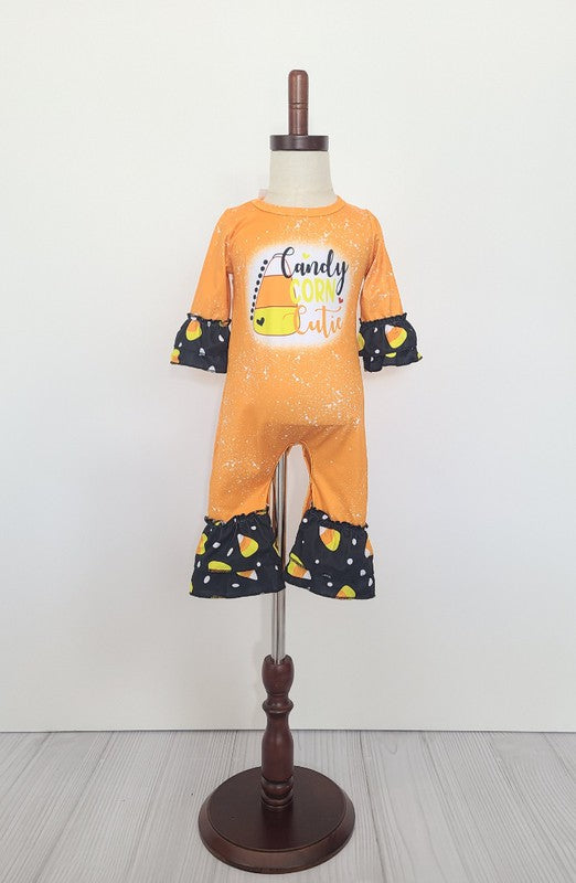 Candy Corn Cutie Baby Romper in vibrant colors with a candy corn design, featuring a snap bottom for easy dressing.