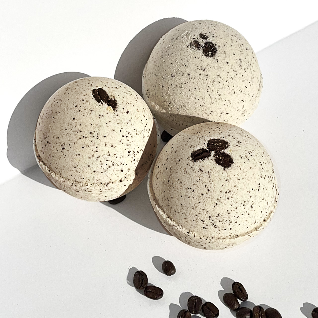 Cappuccino and Coffee Bean Bath Bomb, 8 oz, featuring natural coffee grounds and a rich cappuccino scent, perfect for a relaxing bath.