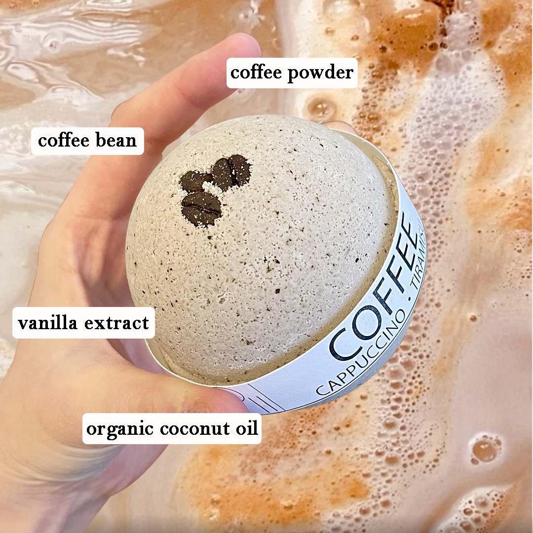 Cappuccino and Coffee Bean Bath Bomb, 8 oz, featuring natural coffee grounds and a rich cappuccino scent, perfect for a relaxing bath.